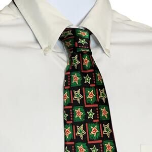 From Santa Christmas Stars Necktie Green Red Geometric Holiday Tie 100% Silk 60”
